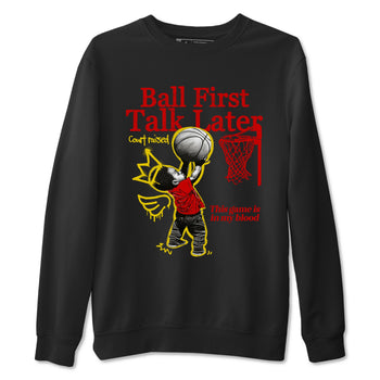 Ball First Talk Later sneaker match t-shirt styled to complete your fit with the Air Jordan 14 Challenge Red sneakers, AJ14 Ferrari,  shown in Black 2.