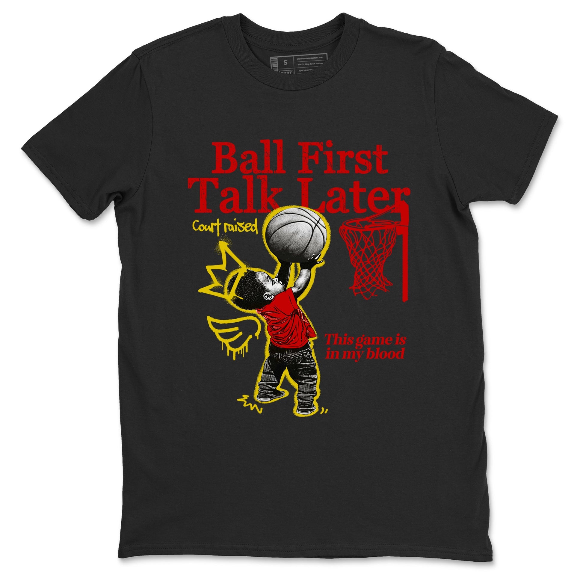 Ball First Talk Later sneaker match t-shirt styled to complete your fit with the Air Jordan 14 Challenge Red sneakers, AJ14 Ferrari,  shown in Black 2.