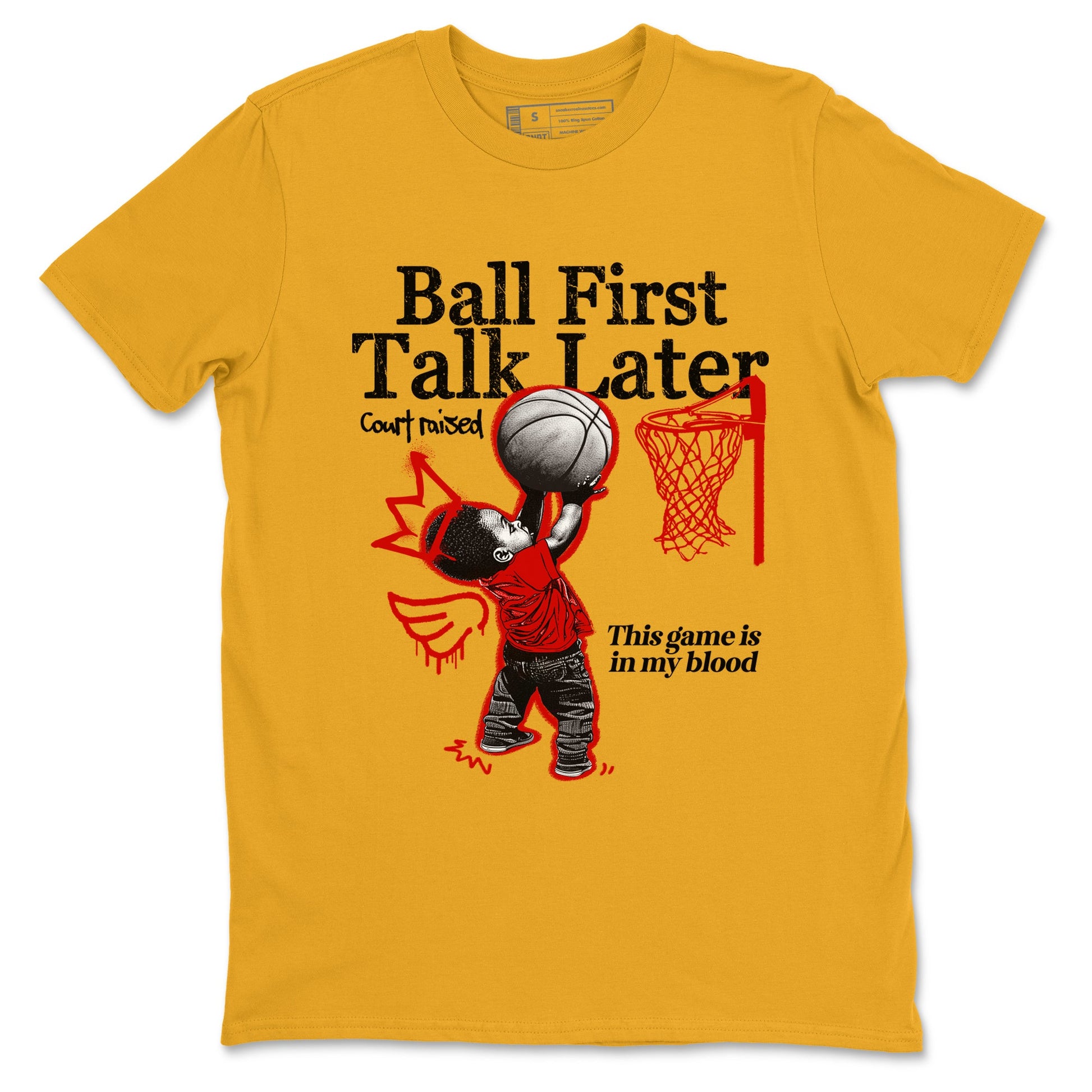 Ball First Talk Later sneaker match t-shirt styled to complete your fit with the Air Jordan 14 Challenge Red sneakers, AJ14 Ferrari,  shown in Gold 2.