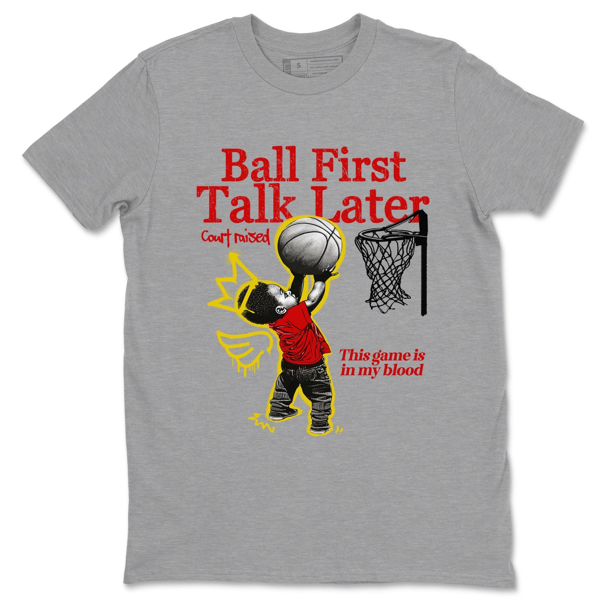 Ball First Talk Later sneaker match t-shirt styled to complete your fit with the Air Jordan 14 Challenge Red sneakers, AJ14 Ferrari,  shown in Heather Grey 2.