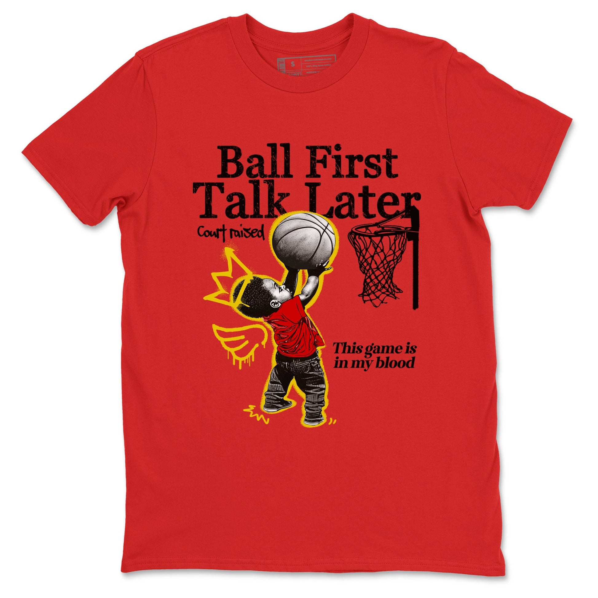 Ball First Talk Later sneaker match t-shirt styled to complete your fit with the Air Jordan 14 Challenge Red sneakers, AJ14 Ferrari,  shown in Red 2.
