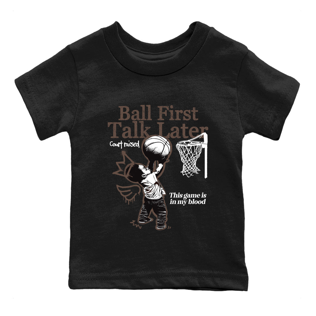 Sneaker match tees – Sneaker Tees To Match Air Jordan 4 Cave Stone Shoes – Ball First Talk Later Kids T-Shirt Black 2
