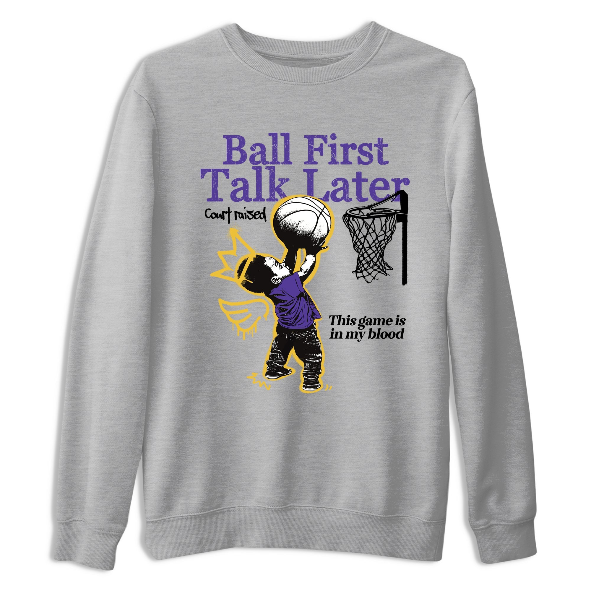 Sneaker match tees – Sneaker Tees To Match Air Jordan 4 Lakeshow Shoes – Ball First Talk Later Tee Heather Grey 2
