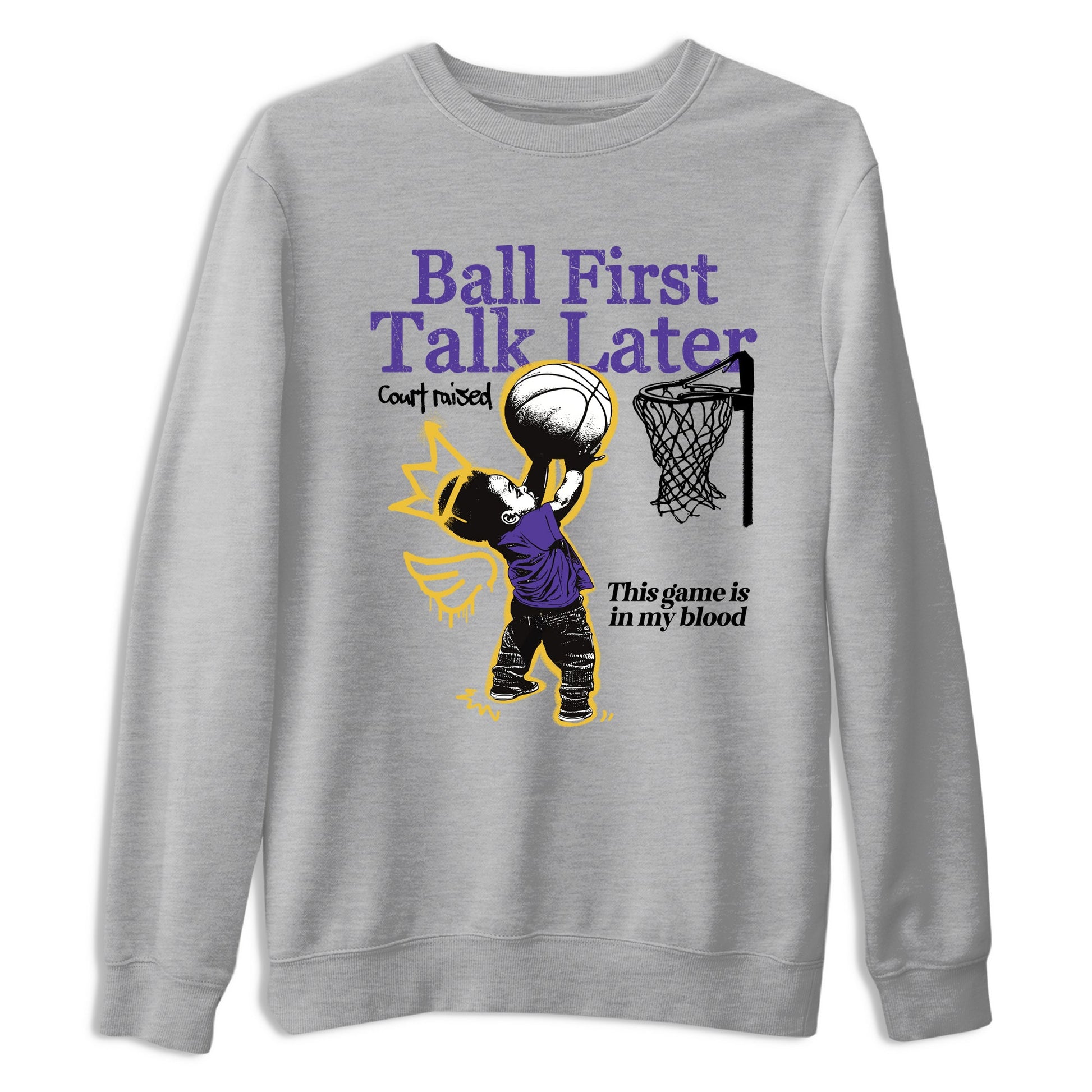 Sneaker match tees – Sneaker Tees To Match Air Jordan 4 Lakeshow Shoes – Ball First Talk Later Tee Heather Grey 2