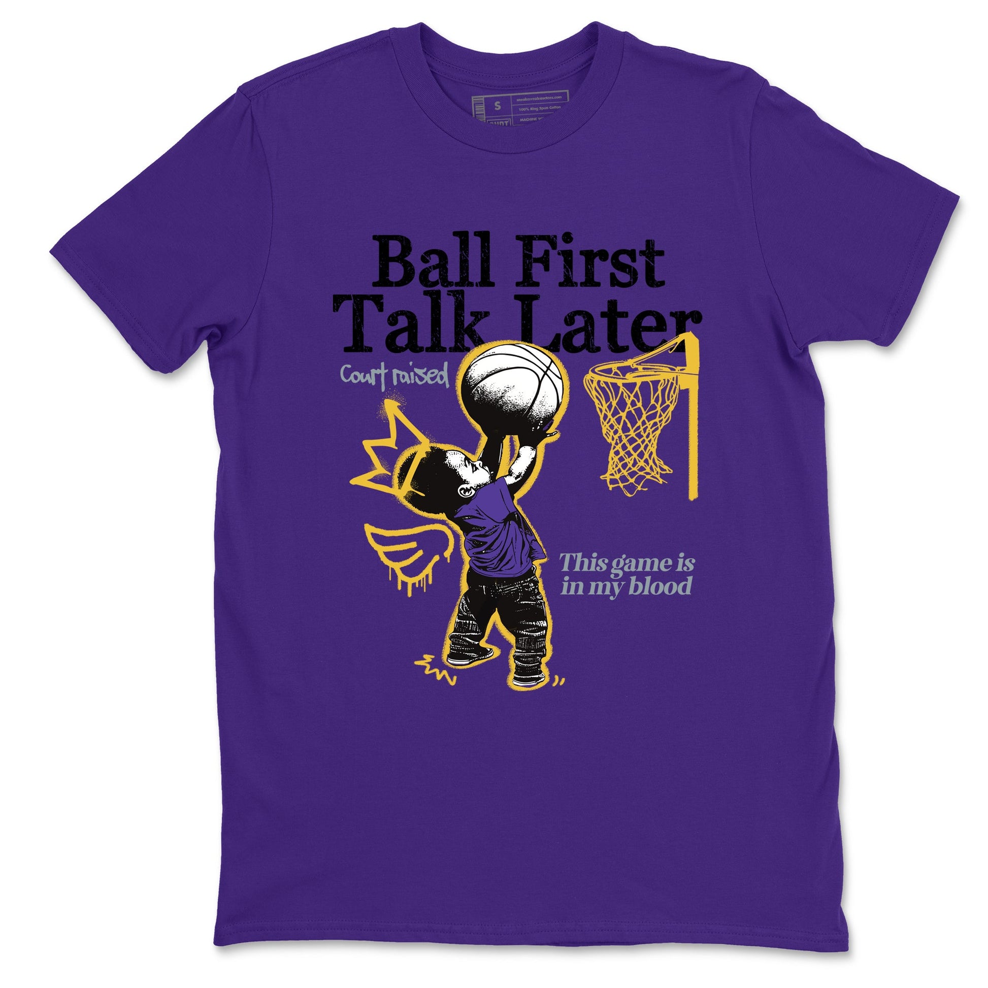 Sneaker match tees – Sneaker Tees To Match Air Jordan 4 Lakeshow Shoes – Ball First Talk Later Tee Purple 2