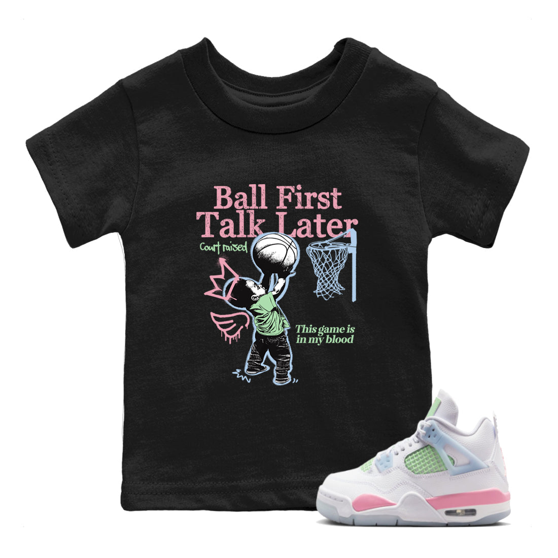 Best Sneakerfits graphic tee – Perfect Valentine's Day outfits to match Air Jordan 4 Valentines Day Kids – Ball First Talk Later Kids T-Shirt Black 1