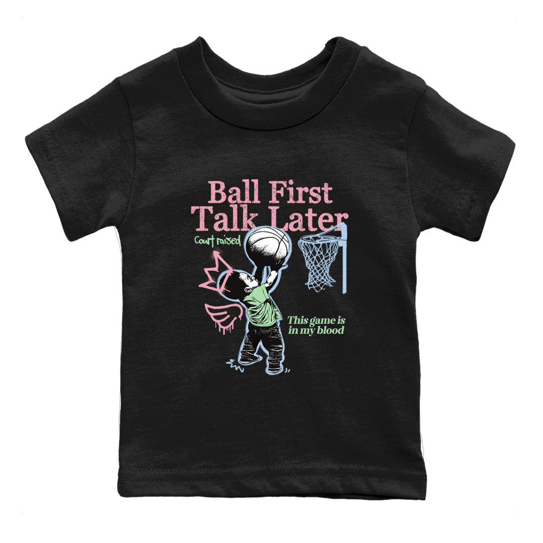 Best Sneakerfits graphic tee – Perfect Valentine's Day outfits to match Air Jordan 4 Valentines Day Kids – Ball First Talk Later Kids T-Shirt Black 2