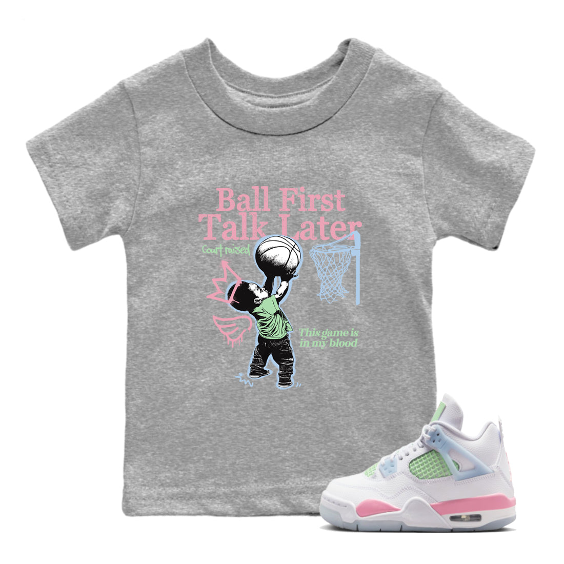 Best Sneakerfits graphic tee – Perfect Valentine's Day outfits to match Air Jordan 4 Valentines Day Kids – Ball First Talk Later Kids T-Shirt Heather Grey 1