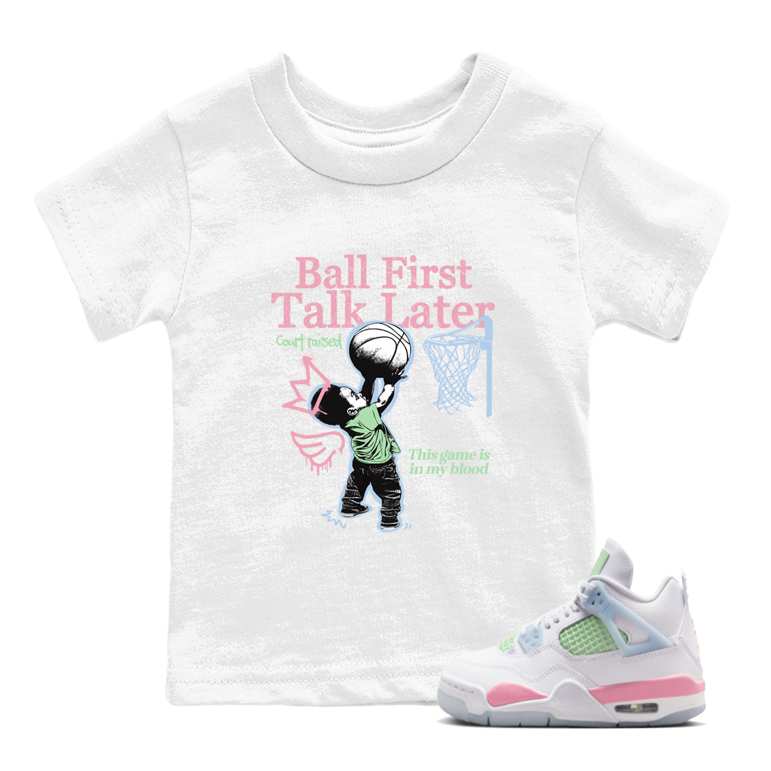 Best Sneakerfits graphic tee – Perfect Valentine's Day outfits to match Air Jordan 4 Valentines Day Kids – Ball First Talk Later Kids T-Shirt White 1