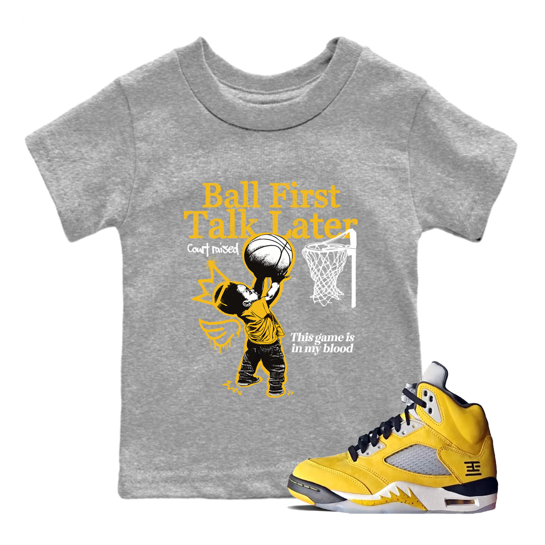 Sneaker match tees – Sneaker Tees To Match Air Jordan 5 Tokyo Shoes – Ball First Talk Later Kids T-Shirt Heather Grey 1