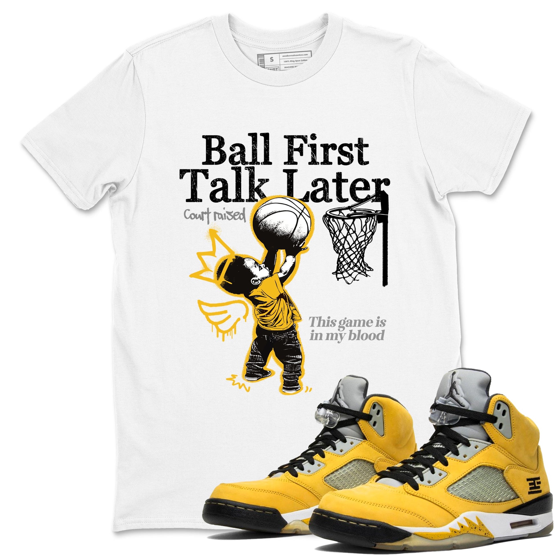 Sneaker match tees – Sneaker Tees To Match Air Jordan 5 Tokyo Shoes – Ball First Talk Later Tee White 1