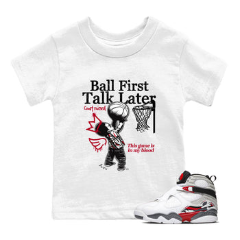 Sneaker Threads – Sneaker Tees To Match Air Jordan 8 Bunny – Ball First Talk Later Youth Graphic Tee White 1. Perfect for Jordan releases 2025 colorways.