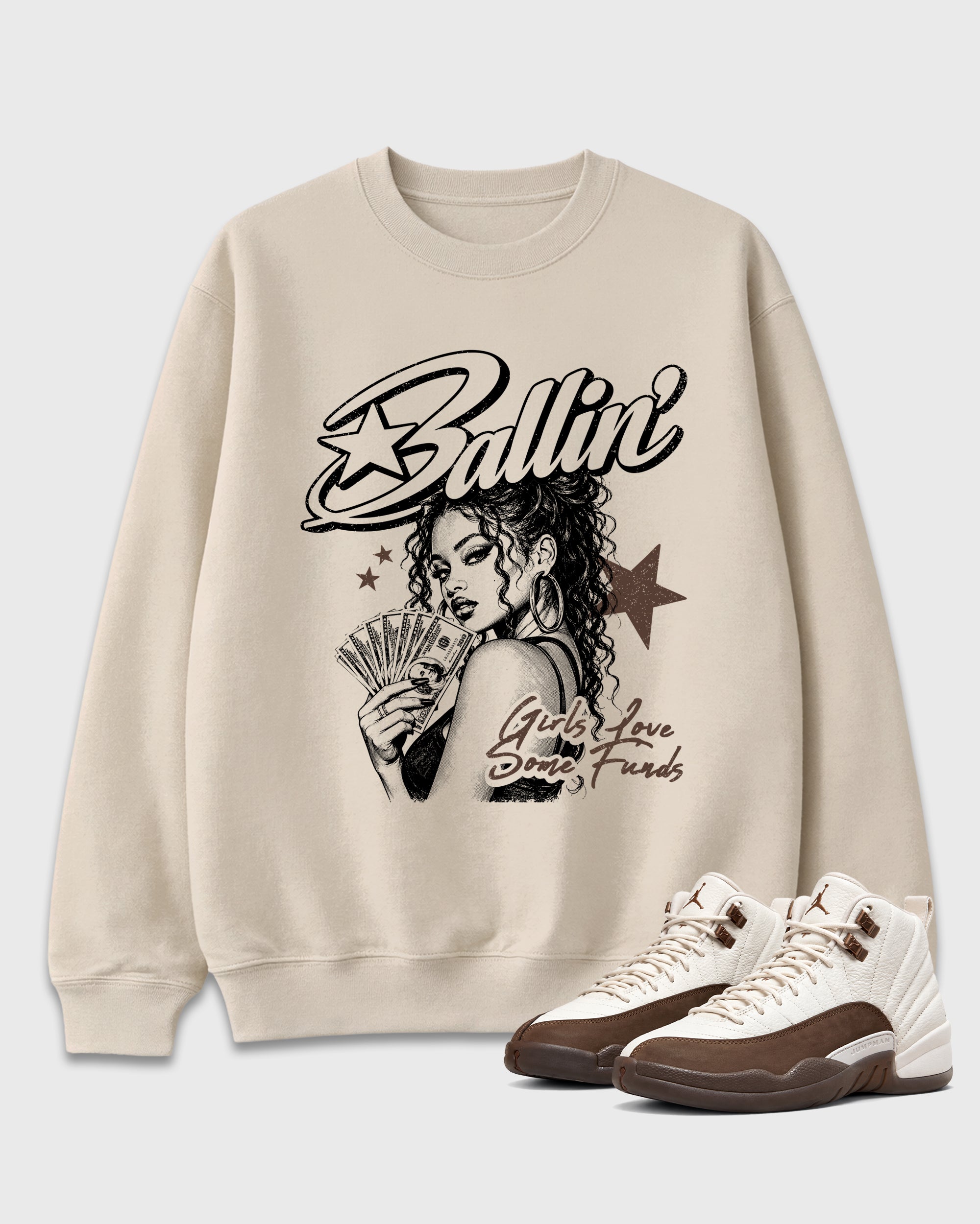 Ballin Graphic T-Shirt featuring original streetwear artwork designed to match the Air Jordan 12 Fireside. Natural 1 Graphic Tee.