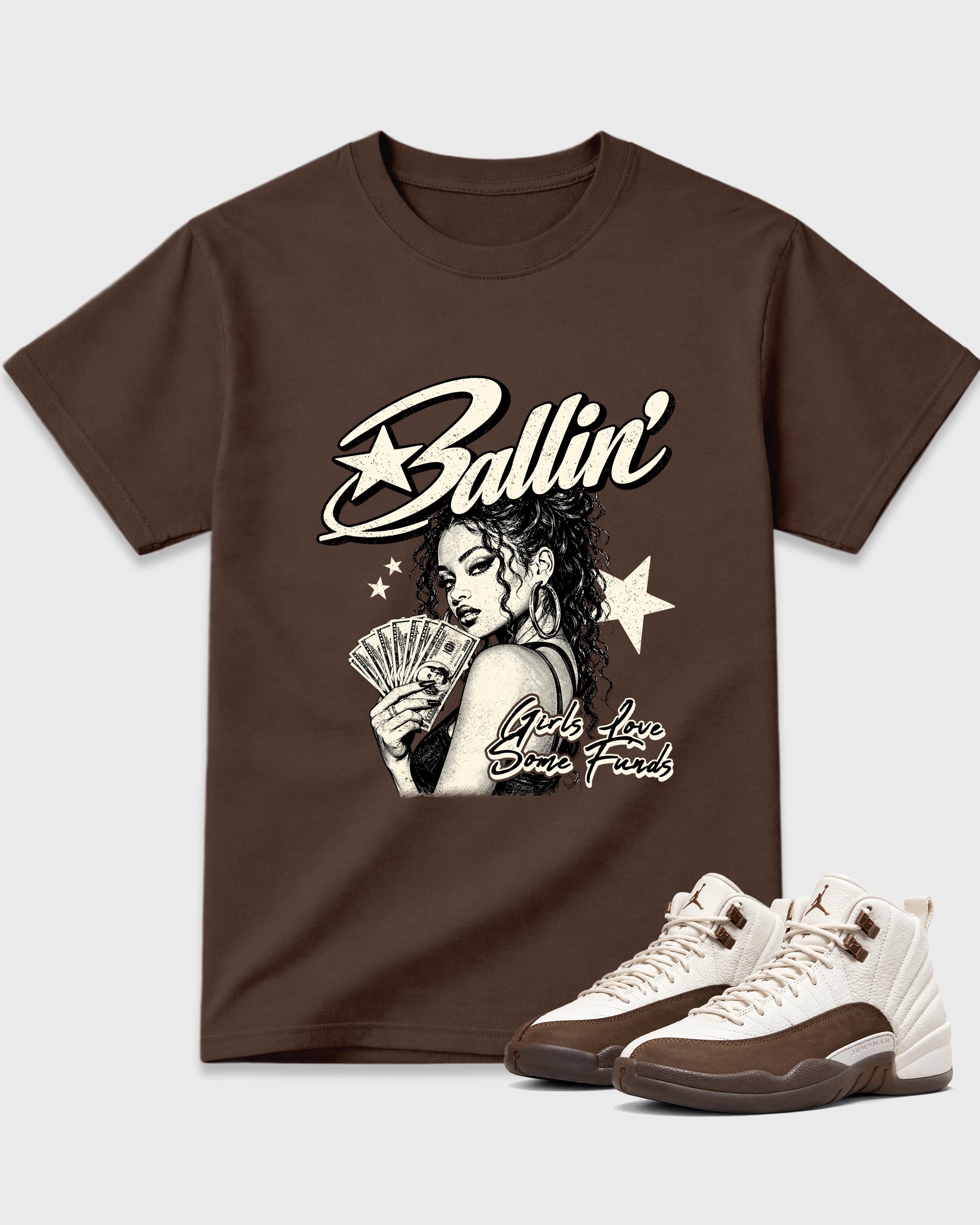Ballin Graphic T-Shirt featuring original streetwear artwork designed to match the Air Jordan 12 Fireside. Dark Chocolate 1 Graphic T-Shirt.