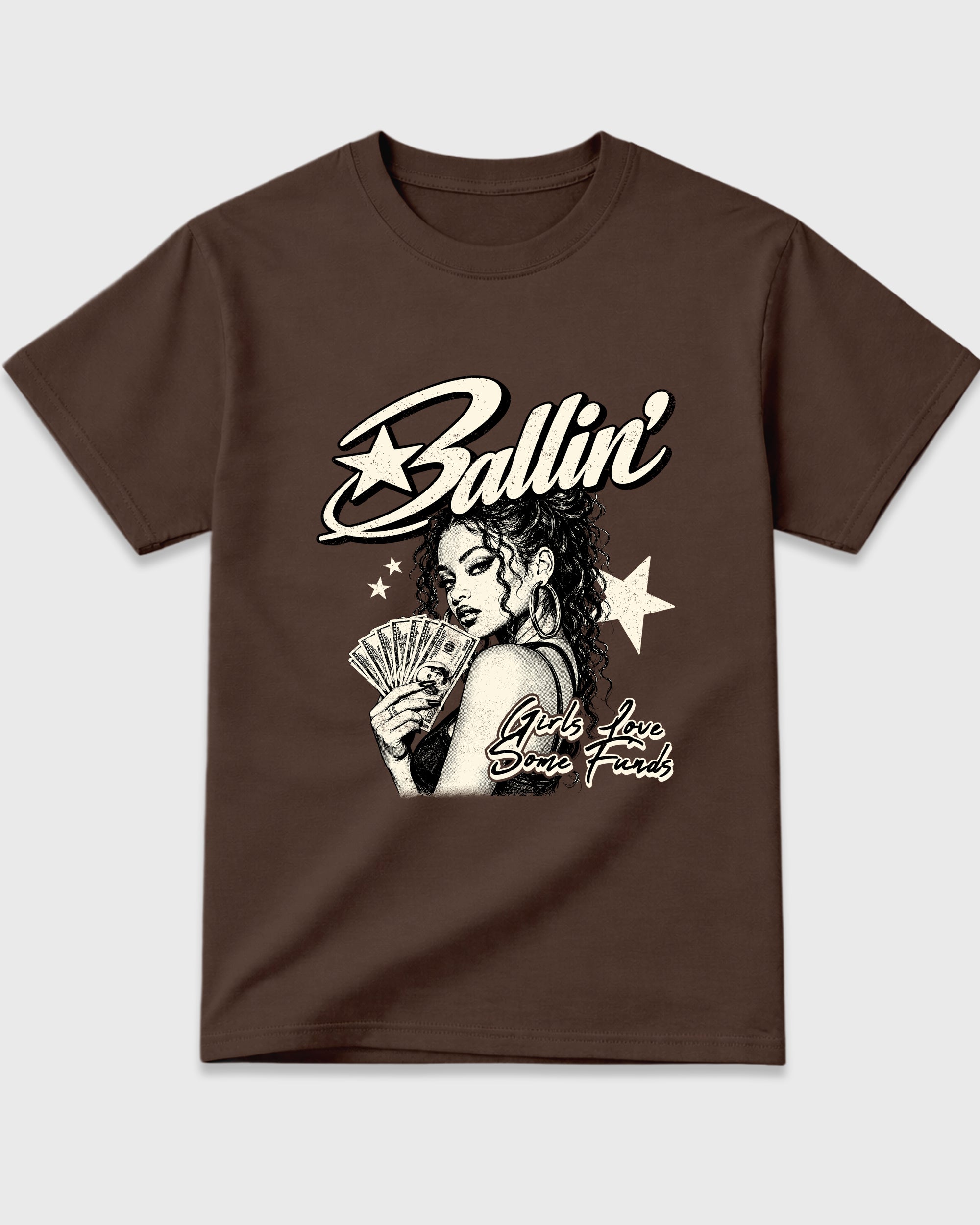 Ballin Graphic T-Shirt featuring original streetwear artwork designed to match the Air Jordan 12 Fireside. Dark Chocolate 2 Graphic T-Shirt.