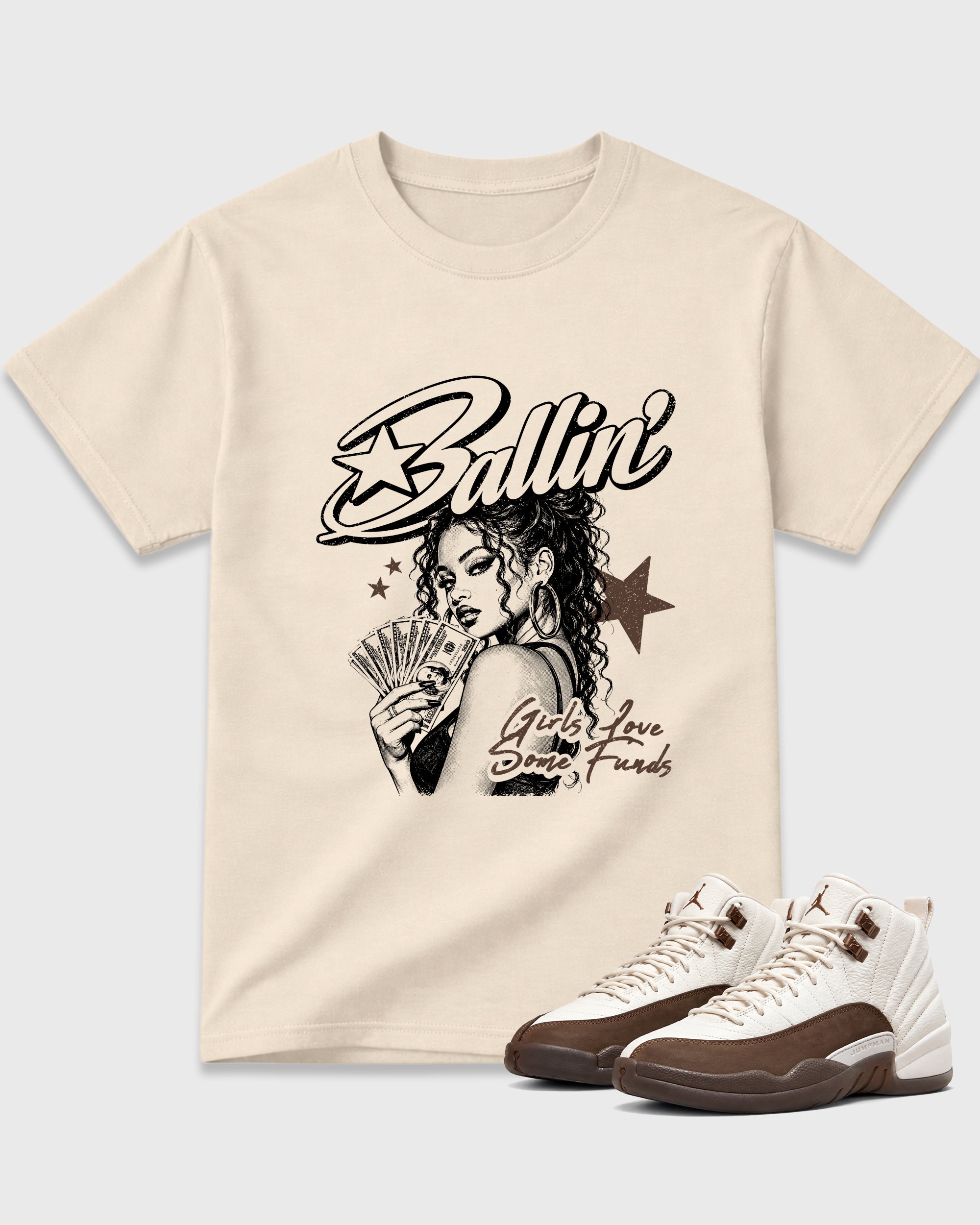 Ballin Graphic T-Shirt featuring original streetwear artwork designed to match the Air Jordan 12 Fireside. Natural 1 Graphic T-Shirt.