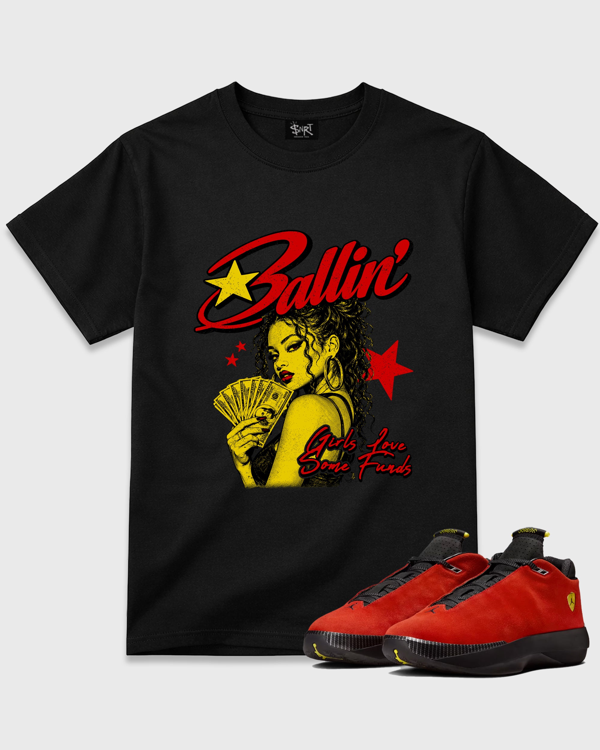 Ballin Graphic T-Shirt featuring original streetwear artwork designed to match the Air Jordan 14 Challenge Red. Black 1 Graphic T-Shirt.