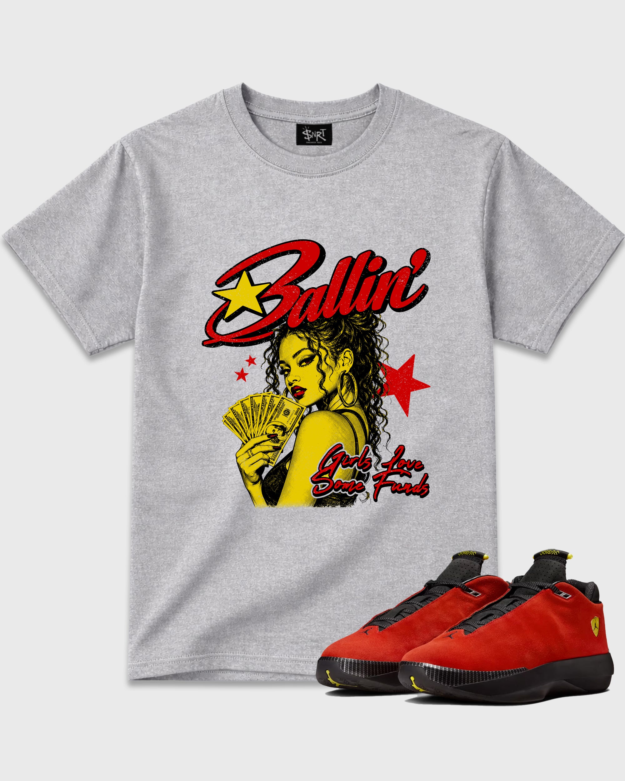 Ballin Graphic T-Shirt featuring original streetwear artwork designed to match the Air Jordan 14 Challenge Red. Heather Grey 1 Graphic T-Shirt.