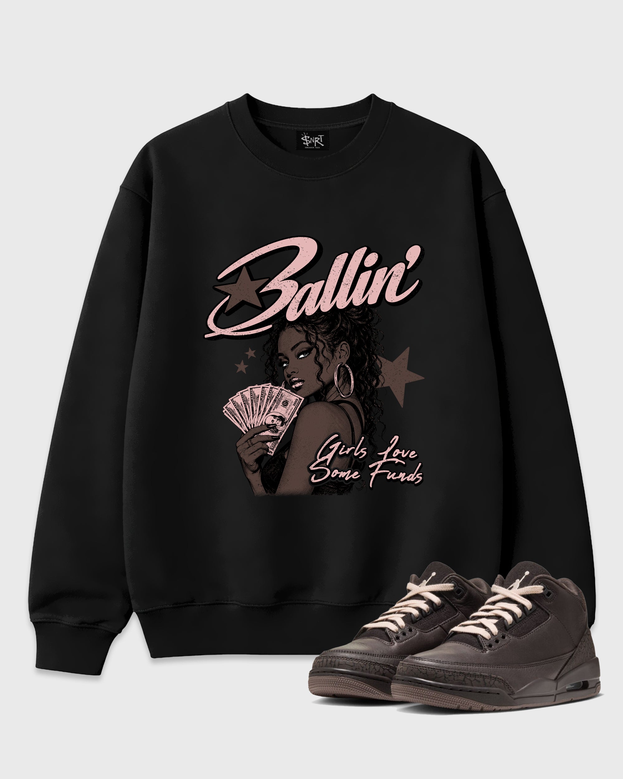 Ballin Graphic T-Shirt featuring original streetwear artwork designed to match the Air Jordan 3 Fireside. Black 1 Graphic Tee.