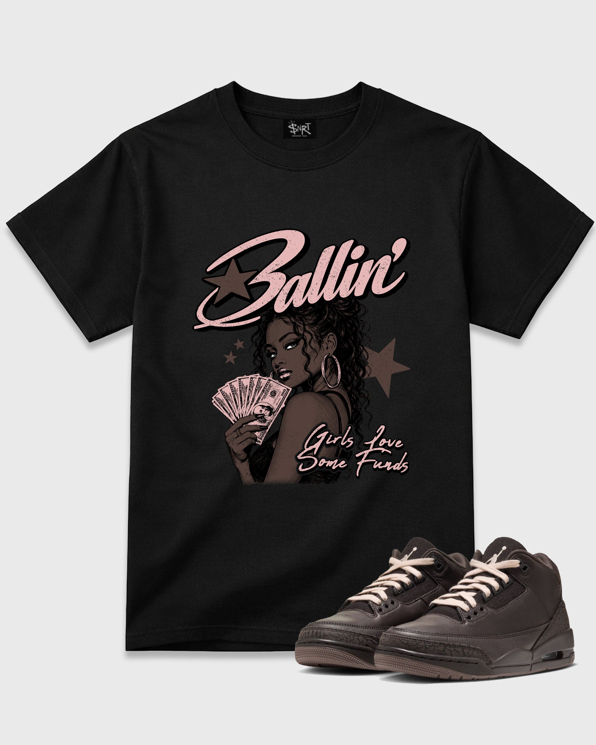 Ballin Graphic T-Shirt featuring original streetwear artwork designed to match the Air Jordan 3 Fireside. Black 1 Graphic T-Shirt.