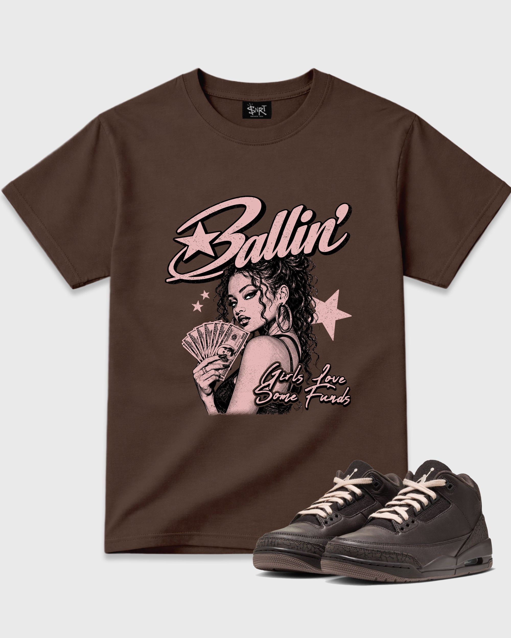 Ballin Graphic T-Shirt featuring original streetwear artwork designed to match the Air Jordan 3 Fireside. Dark Chocolate 1 Graphic T-Shirt.