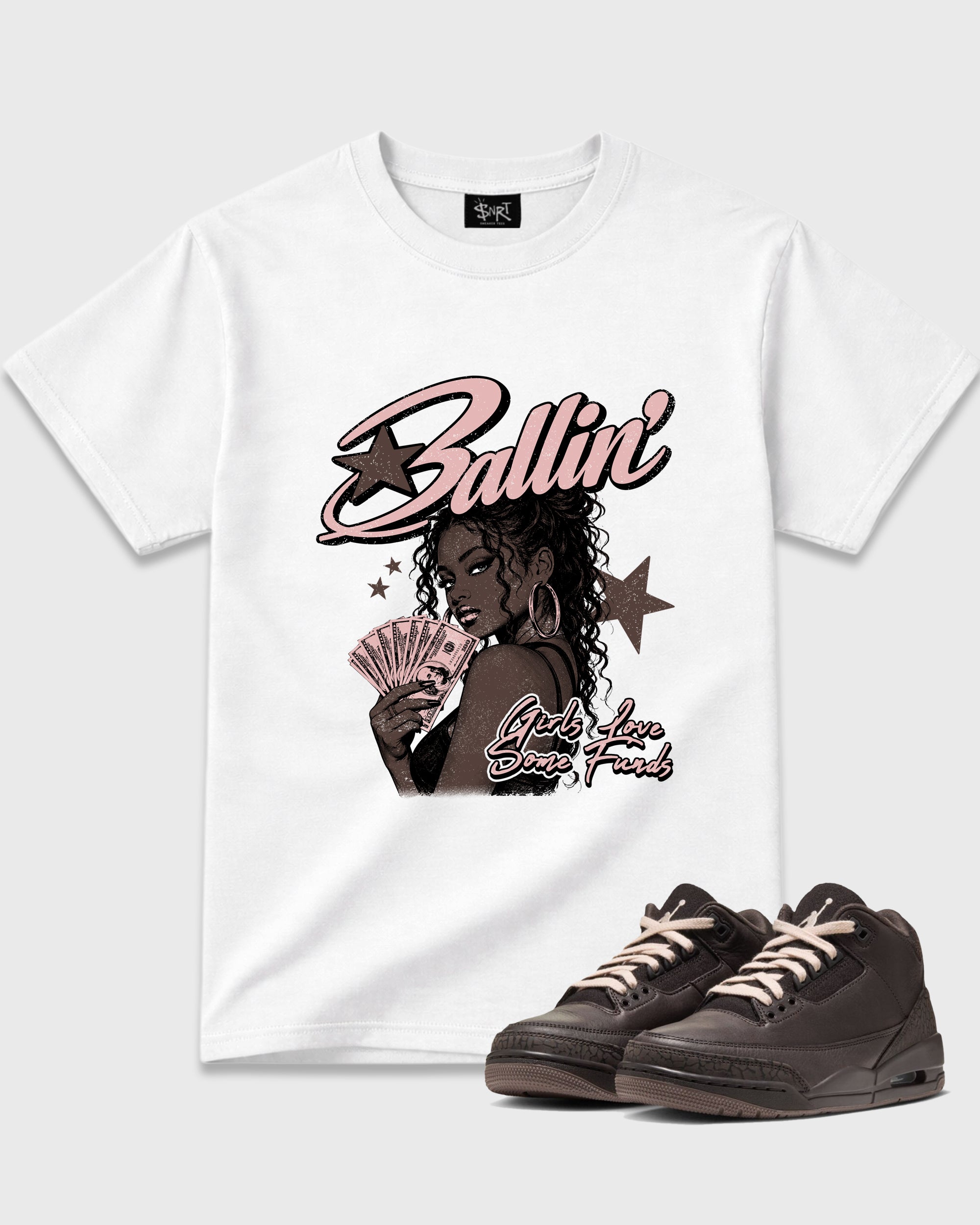 Ballin Graphic T-Shirt featuring original streetwear artwork designed to match the Air Jordan 3 Fireside. White 1 Graphic T-Shirt.