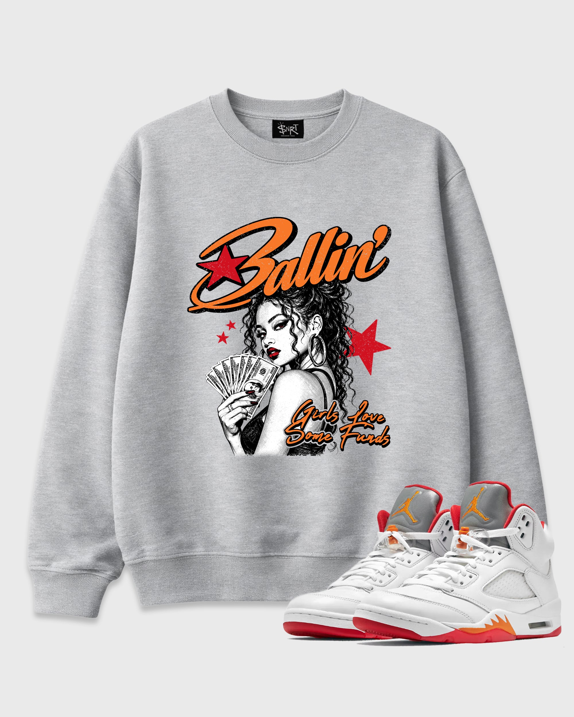 Ballin Graphic T-Shirt featuring original streetwear artwork designed to match the Air Jordan 5 Sunset. Heather Grey 1 Graphic Tee.