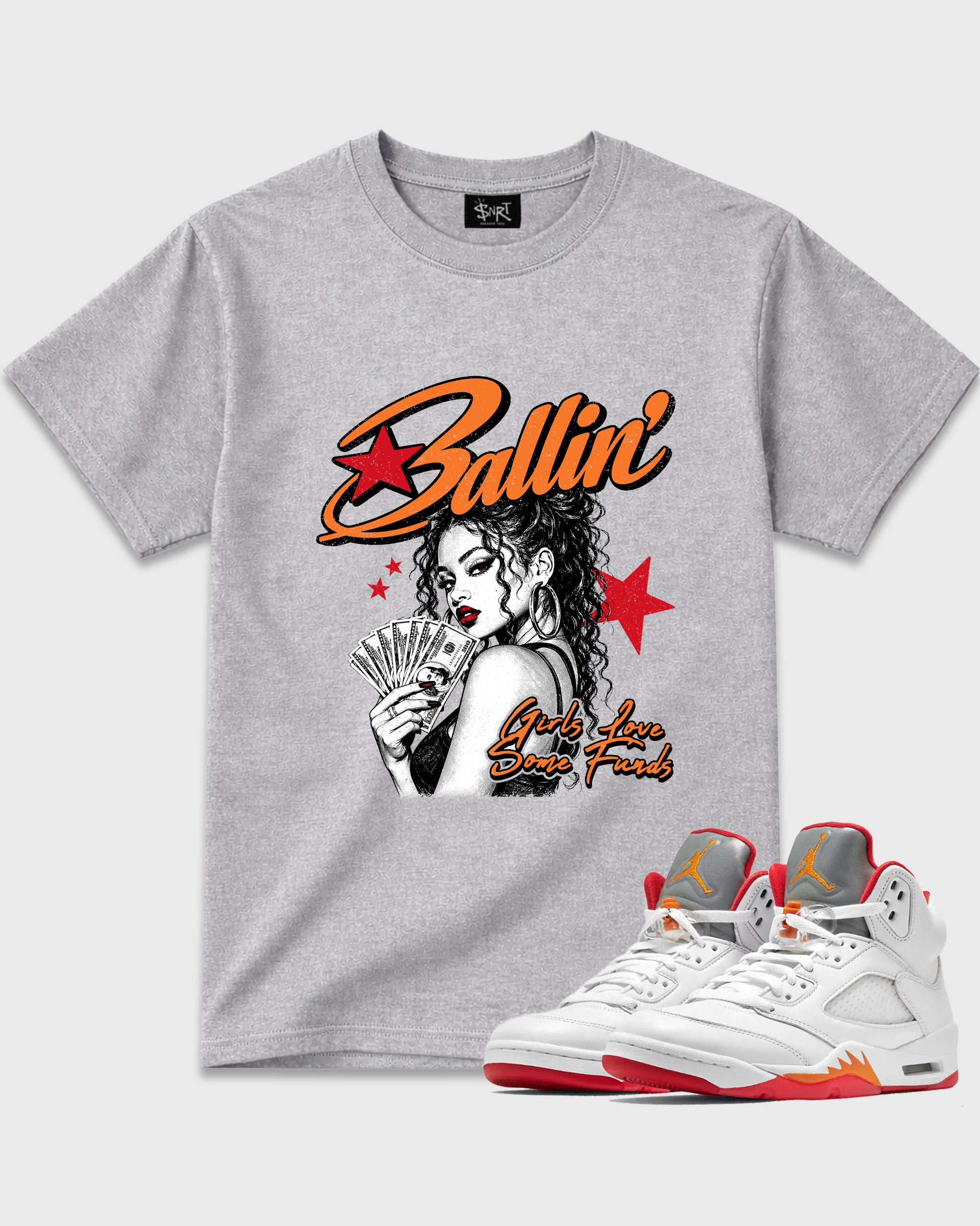 Ballin Graphic T-Shirt featuring original streetwear artwork designed to match the Air Jordan 5 Sunset. Heather Grey 1 Graphic T-Shirt.