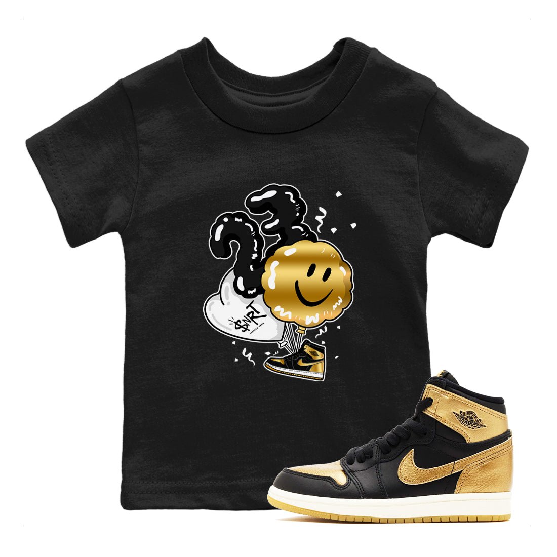 Air Jordan 1 High OG Black Metallic Gold shirts to match jordans Balloon sneaker match tees Air Jordan 1 Retrp Black Metallic Gold Sneaker Shirts SNRT Sneaker Tees streetwear brand Baby and Youth Black 1 cotton tee