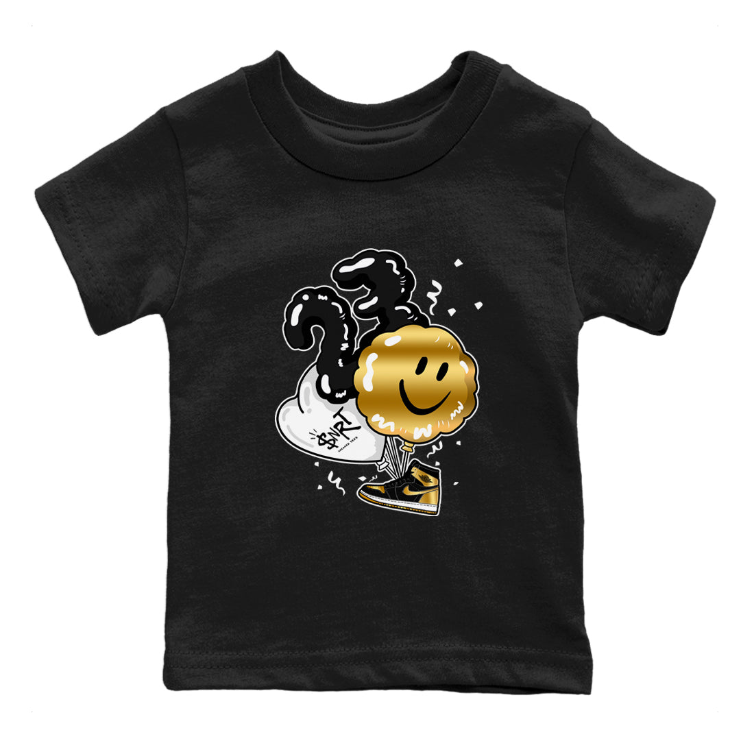 Air Jordan 1 High OG Black Metallic Gold shirts to match jordans Balloon sneaker match tees Air Jordan 1 Retrp Black Metallic Gold Sneaker Shirts SNRT Sneaker Tees streetwear brand Baby and Youth Black 2 cotton tee