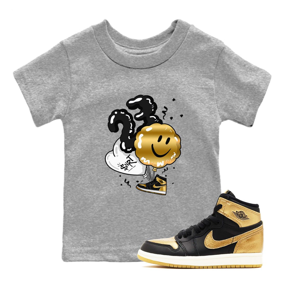 Air Jordan 1 High OG Black Metallic Gold shirts to match jordans Balloon sneaker match tees Air Jordan 1 Retrp Black Metallic Gold Sneaker Shirts SNRT Sneaker Tees streetwear brand Baby and Youth Heather Grey 1 cotton tee