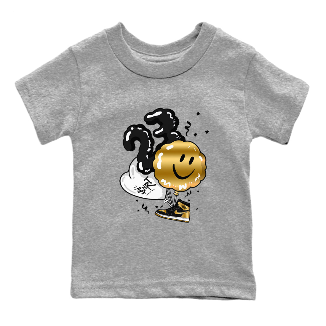 Air Jordan 1 High OG Black Metallic Gold shirts to match jordans Balloon sneaker match tees Air Jordan 1 Retrp Black Metallic Gold Sneaker Shirts SNRT Sneaker Tees streetwear brand Baby and Youth Heather Grey 2 cotton tee