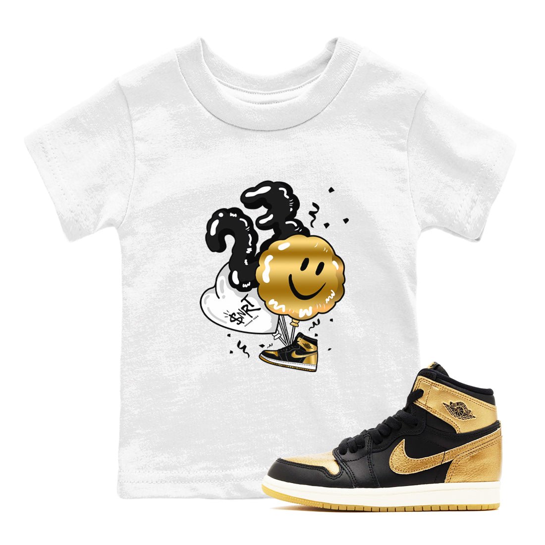 Air Jordan 1 High OG Black Metallic Gold shirts to match jordans Balloon sneaker match tees Air Jordan 1 Retrp Black Metallic Gold Sneaker Shirts SNRT Sneaker Tees streetwear brand Baby and Youth White 1 cotton tee