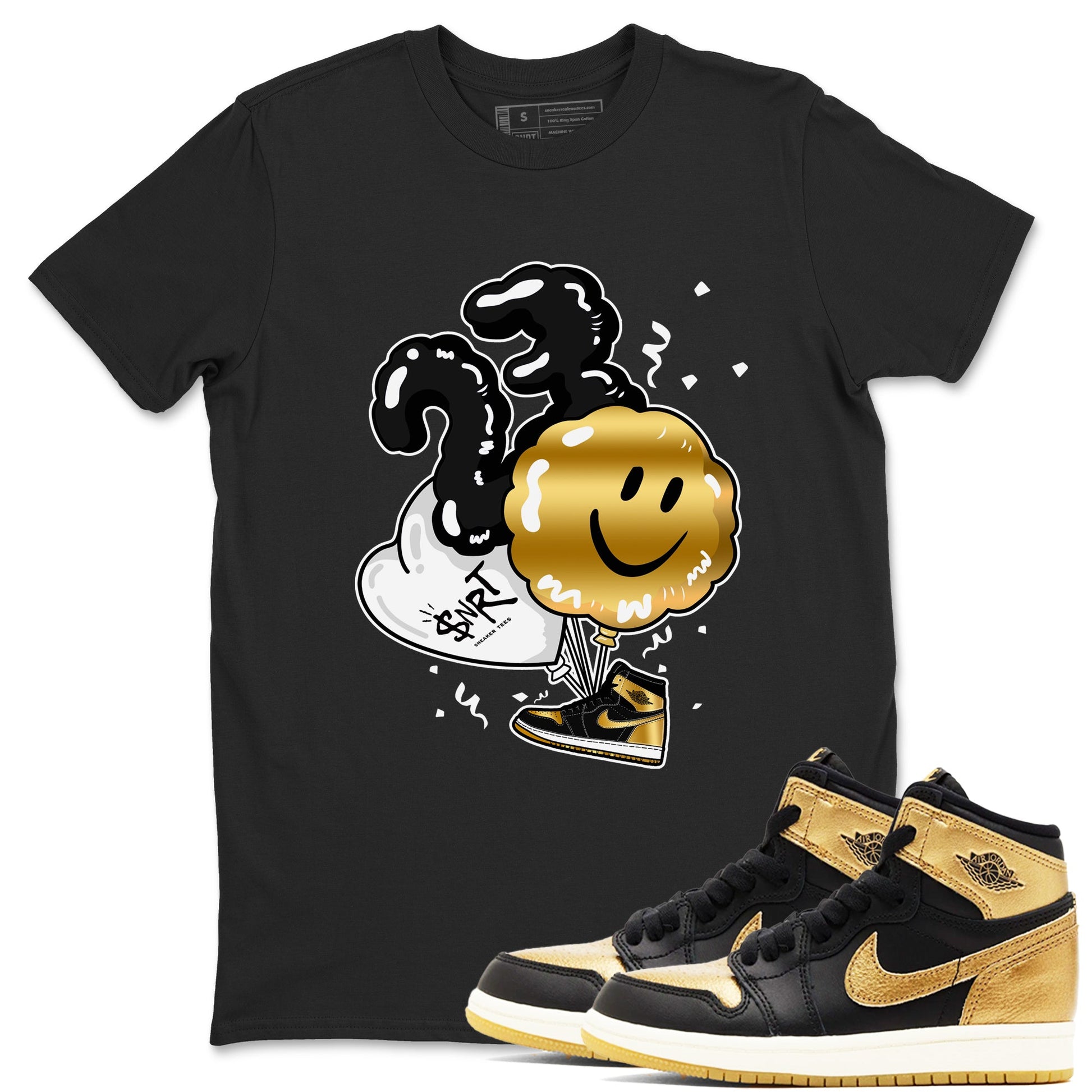Air Jordan 1 High OG Black Metallic Gold shirts to match jordans Balloon sneaker match tees Air Jordan 1 Retrp Black Metallic Gold Sneaker Shirts SNRT Sneaker Tees streetwear brand Black 1 unisex cotton tee