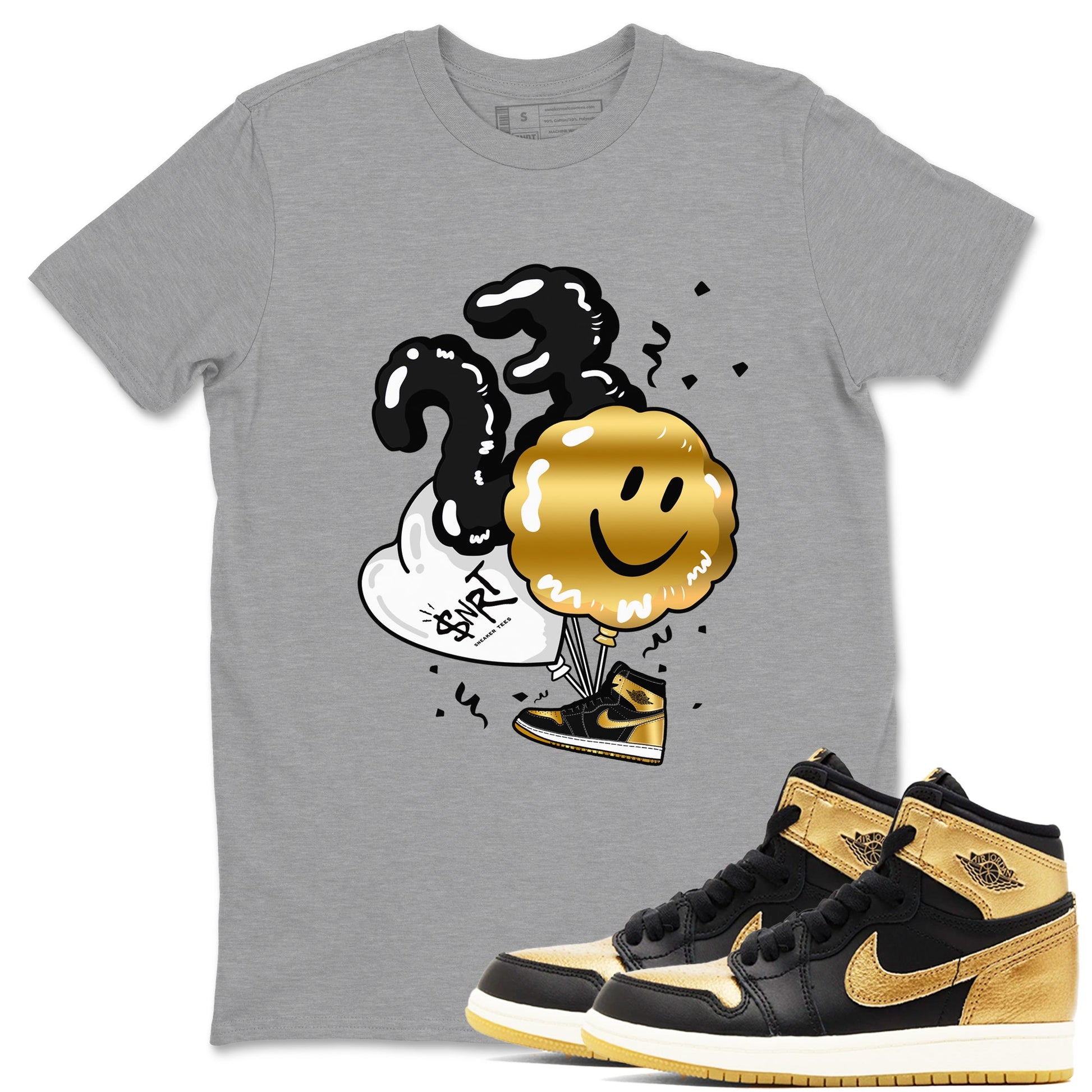 Air Jordan 1 High OG Black Metallic Gold shirts to match jordans Balloon sneaker match tees Air Jordan 1 Retrp Black Metallic Gold Sneaker Shirts SNRT Sneaker Tees streetwear brand Heather Grey 1 unisex cotton tee