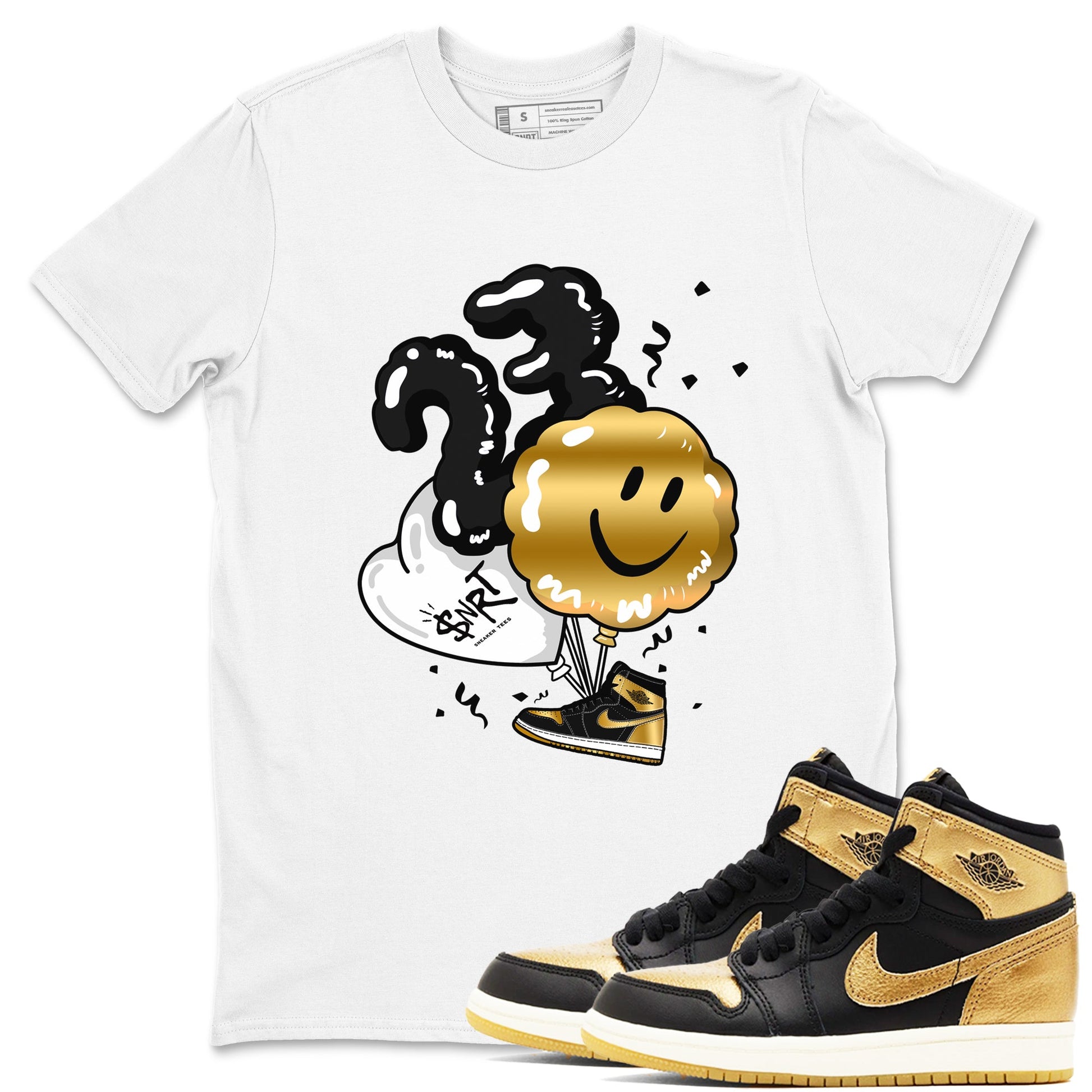 Air Jordan 1 High OG Black Metallic Gold shirts to match jordans Balloon sneaker match tees Air Jordan 1 Retrp Black Metallic Gold Sneaker Shirts SNRT Sneaker Tees streetwear brand White 1 unisex cotton tee