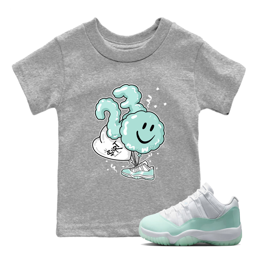 Balloon baby and kids t-shirt crafted for little sneakerheads to shine with the Air Jordan 11 Igloo sneakers, displayed in Heather Grey 1.