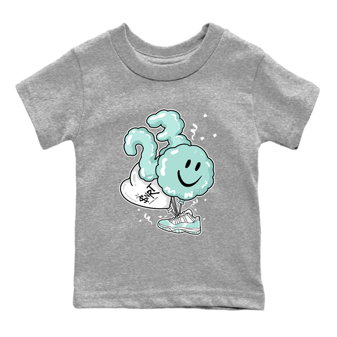 Balloon baby and kids t-shirt crafted for little sneakerheads to shine with the Air Jordan 11 Igloo sneakers, displayed in Heather Grey 2.