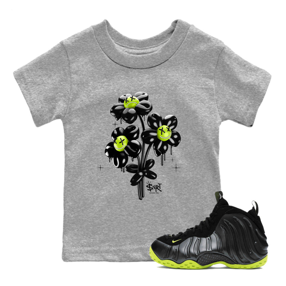 Foams One Black Volt shirts to match jordans Balloon Bouquet sneaker match tees Air Foamposite One Black and Volt match shoes to clothes SNRT Sneaker Tees Youth Baby Heather Grey 1 tee