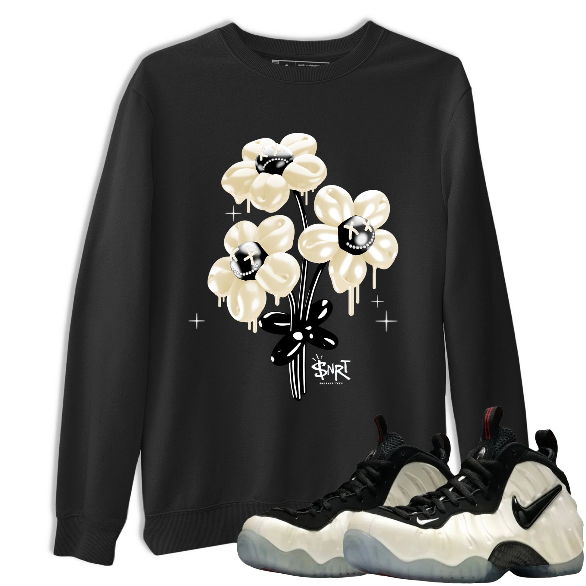 Sneaker Threads – Sneaker Tees To Match Air Foamposite One Pearl – Balloon Bouquet Graphic Tee Black 1. Perfect for Jordan releases 2025 colorways.