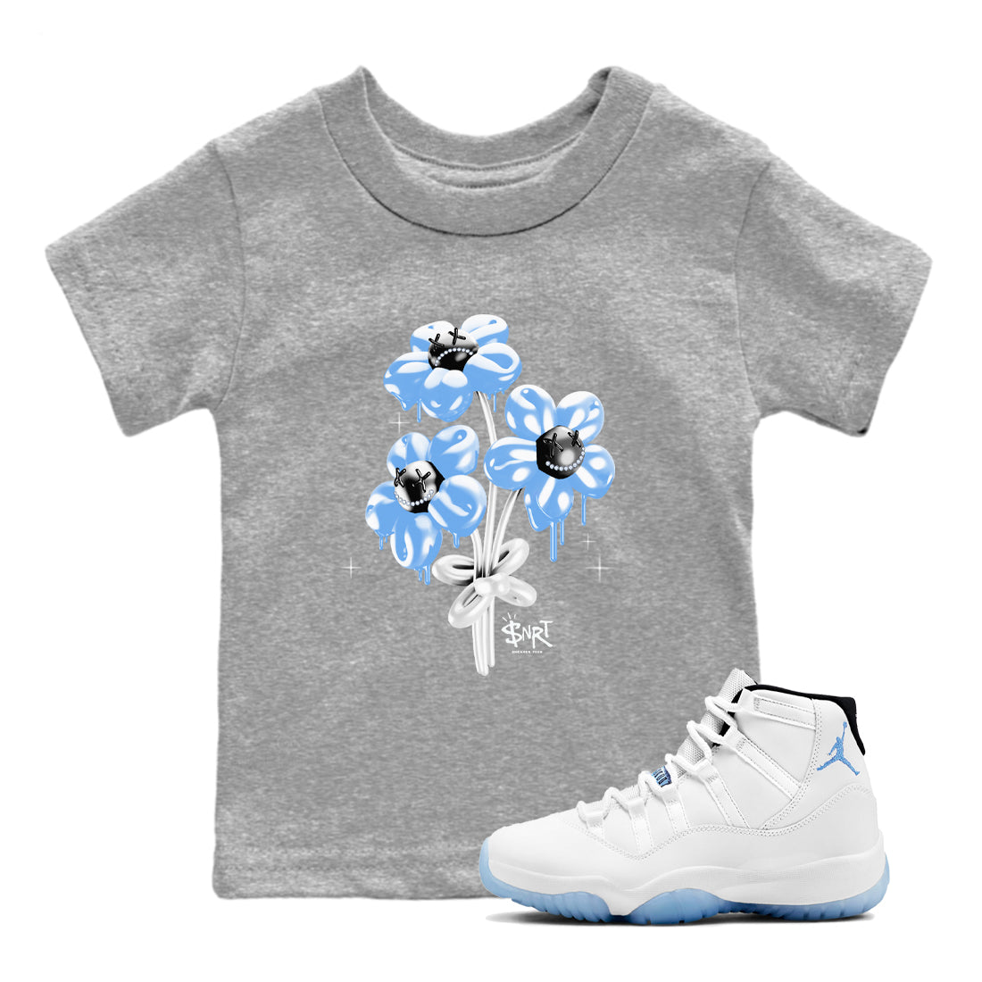 11s Legend Blue shirts to match jordans Balloon Bouquet sneaker match tees Air Jordan 11 Legend Blue SNRT Sneaker Release Tees Youth Baby Heather Grey 1 crew neck shirts