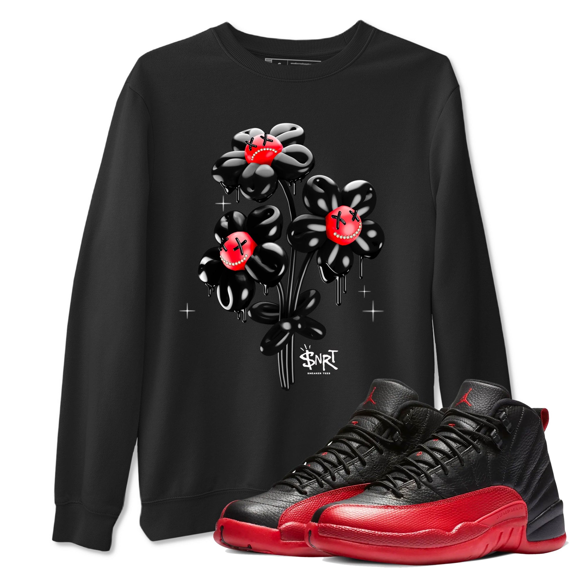 12s Flu Game shirts to match jordans Balloon Bouquet sneaker match tees Air Jordan 12 Retro Flu Game match shoes to clothes SNRT Sneaker Tees unisex cotton Black 1 shirts