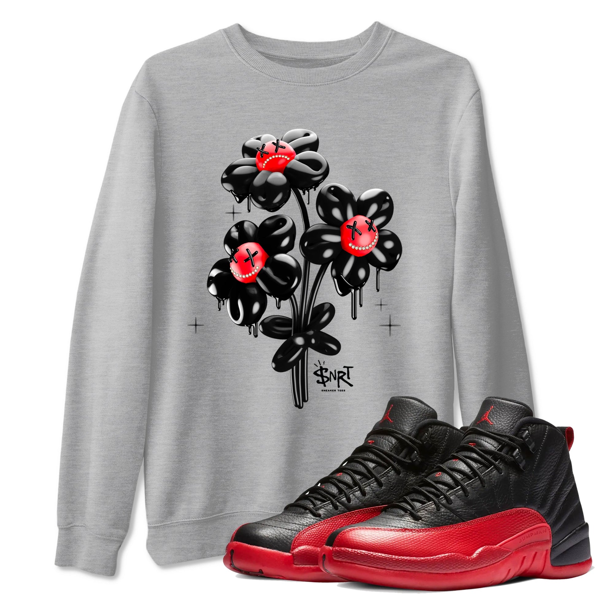 12s Flu Game shirts to match jordans Balloon Bouquet sneaker match tees Air Jordan 12 Retro Flu Game match shoes to clothes SNRT Sneaker Tees unisex cotton Heather Grey 1 shirts