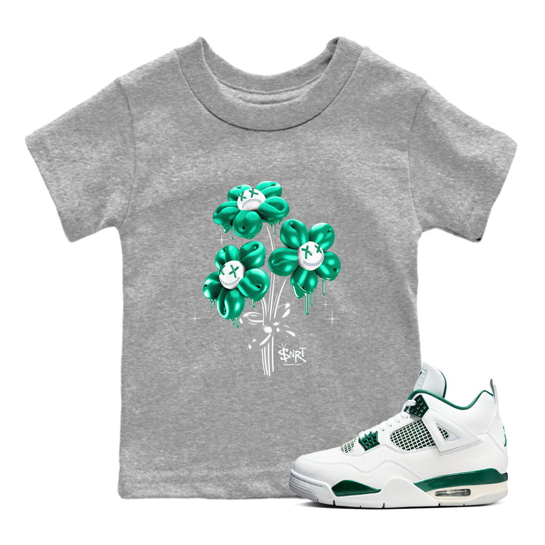 4s Oxidized Green shirts to match jordans Balloon Bouquet sneaker match tees Air Jordan 4 Oxidized Green SNRT Sneaker Tees streetwear brand Baby and Youth Heather Grey 1 cotton tee