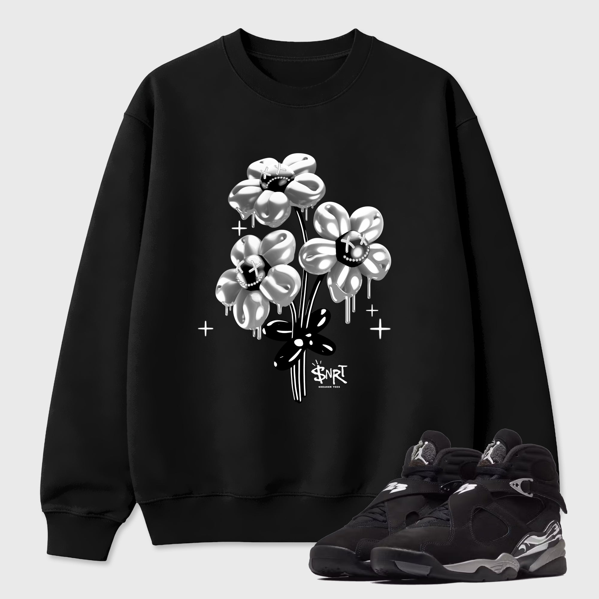 Balloon Bouquet Graphic T-Shirt featuring original streetwear artwork designed to match the Air Jordan 8 Chrome. Black 1 Graphic Tee.