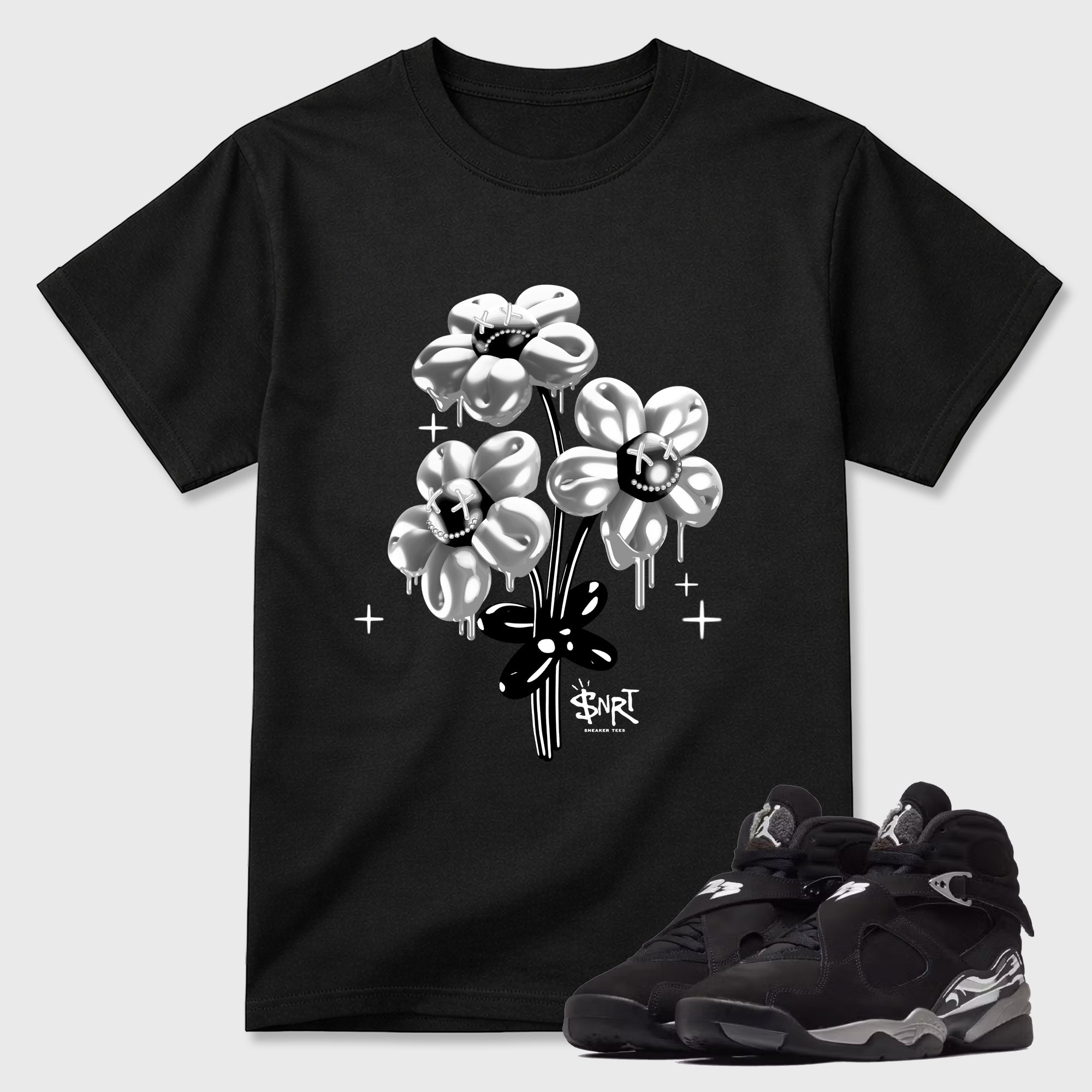 Balloon Bouquet Graphic T-Shirt featuring original streetwear artwork designed to match the Air Jordan 8 Chrome. Black 1 Graphic T-Shirt.