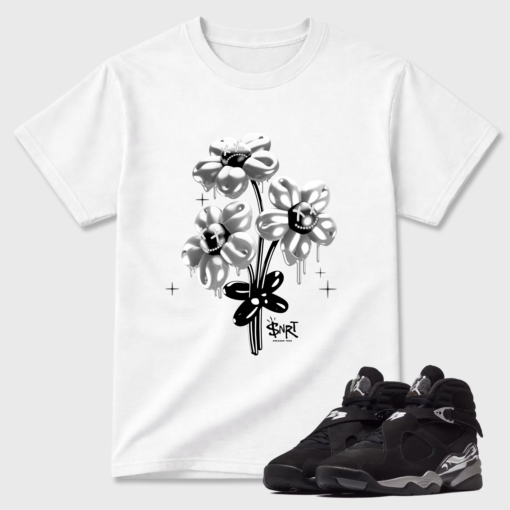 Balloon Bouquet Graphic T-Shirt featuring original streetwear artwork designed to match the Air Jordan 8 Chrome. White 1 Graphic T-Shirt.
