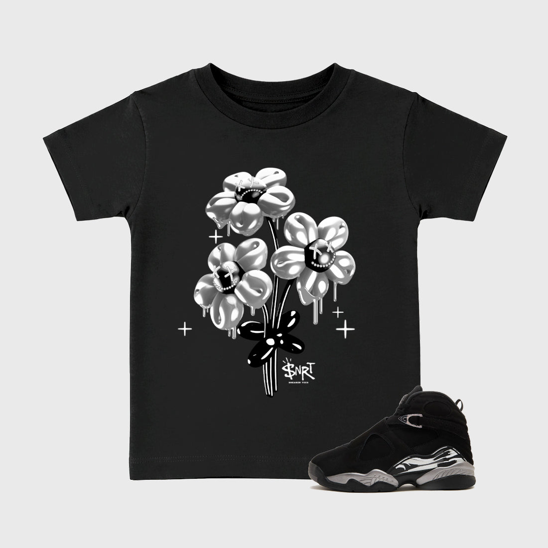 Balloon Bouquet Baby & Kids Graphic T-Shirt featuring original artwork designed to match the Air Jordan 8 Chrome. Black 1 Kids Graphic Tee.