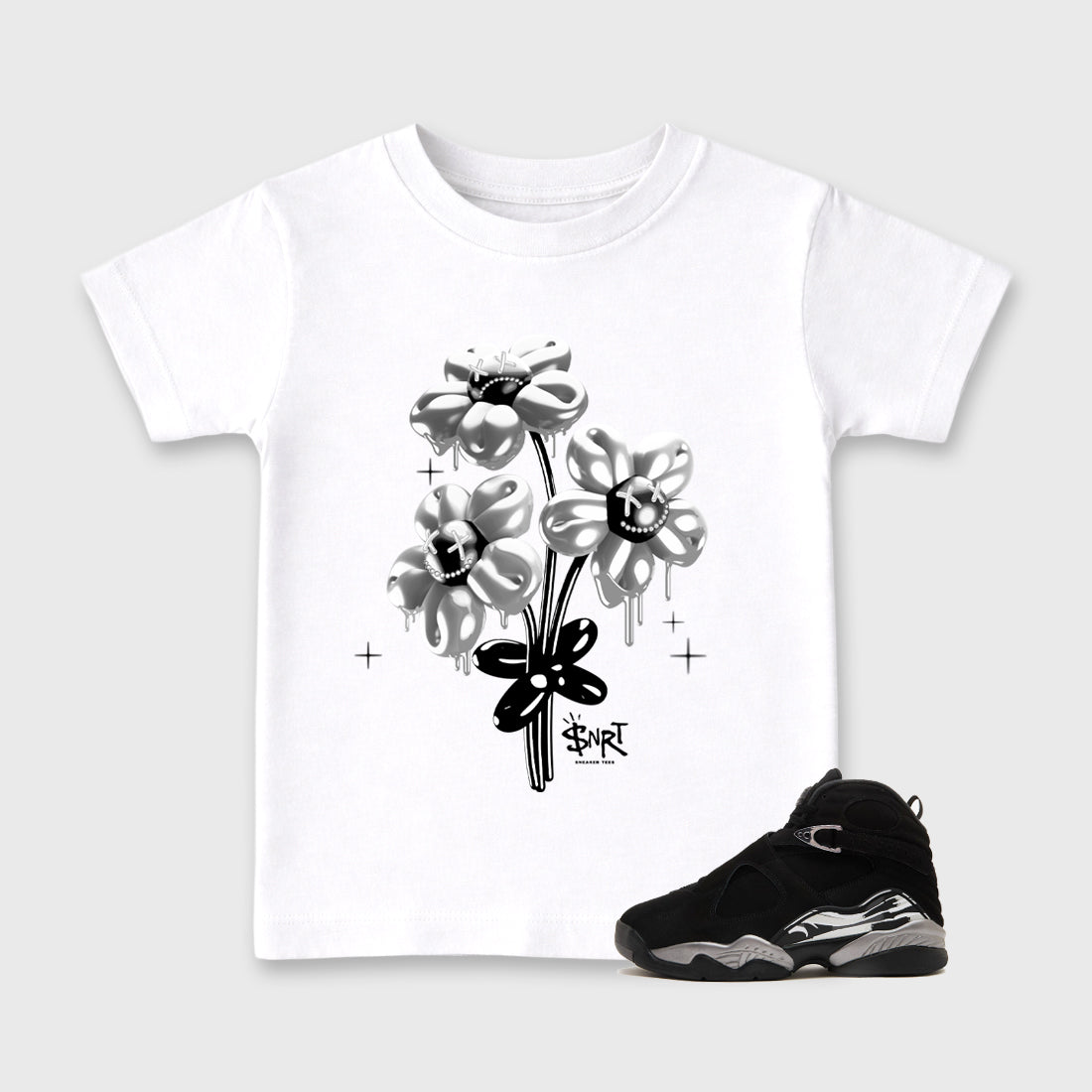 Balloon Bouquet Baby & Kids Graphic T-Shirt featuring original artwork designed to match the Air Jordan 8 Chrome. White 1 Kids Graphic Tee.