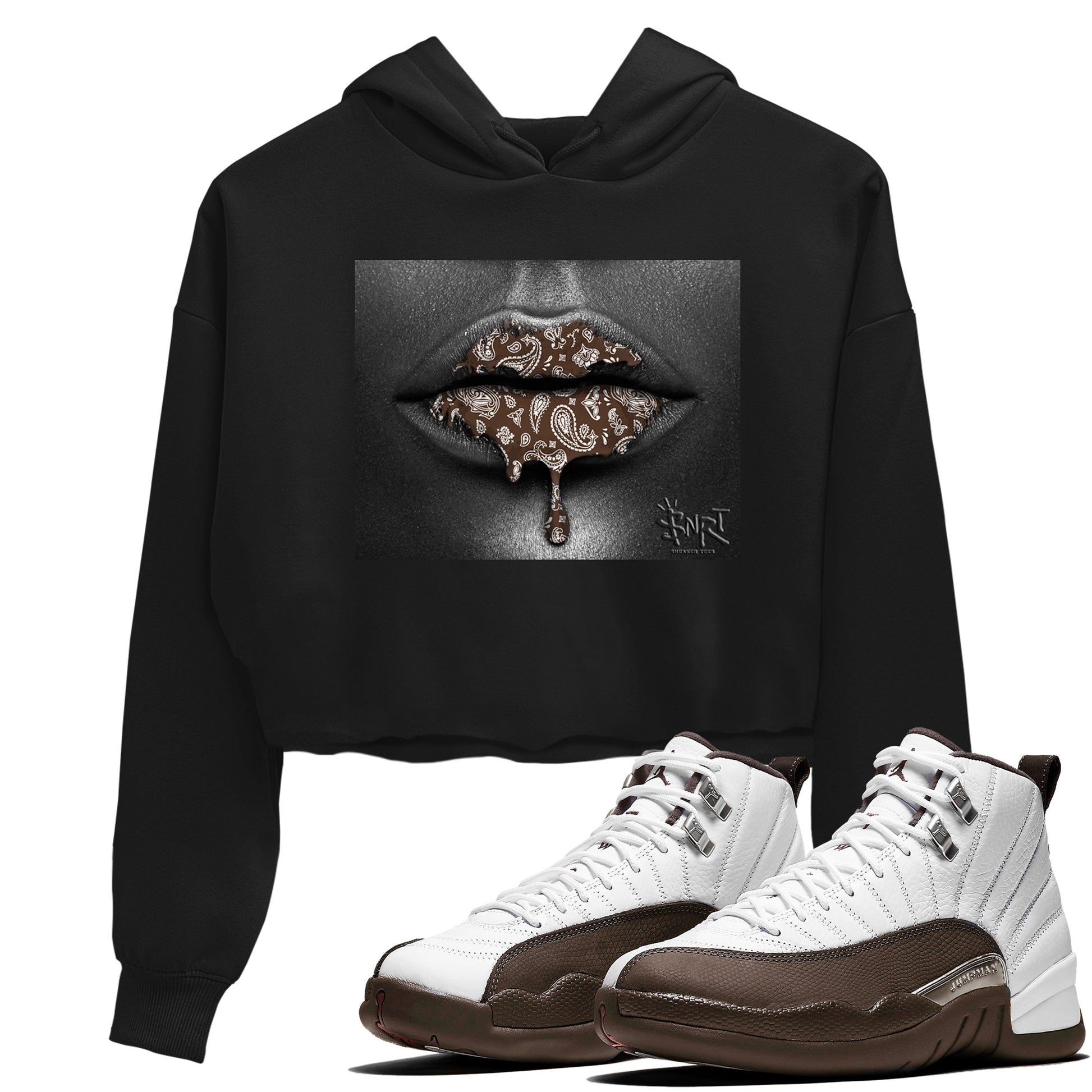 12s Baroque Brown shirts to match jordans Bandana Lips sneaker match tees Air Jordan 12 Baroque Brown match shoes to clothes SNRT Sneaker Tees unisex cotton Black 1 crop tee